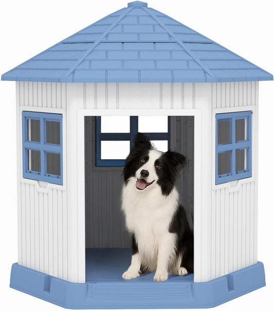 DRATO Dog House Indoor Outdoor Durable Large Dog Shelter with Outside Dog Kennel with Window and Elevated Floor for Small Medium Dogs (Blue, 34.8 * 30.51 * 36.89)