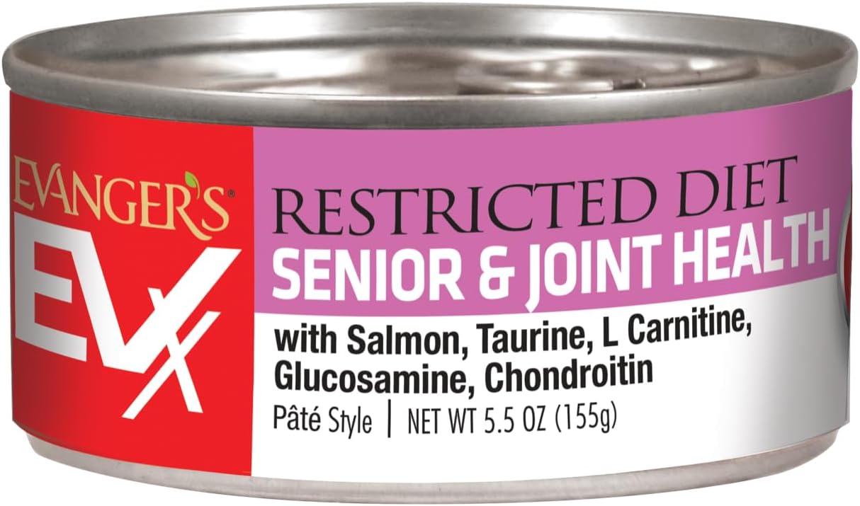 Evanger’s EVX Restricted Diet Senior and Joint Health Canned Cat Food – 24 Count, 5.5 oz Cans Each – Salmon with Taurine, L Carnitine, Glucosamine & Chondroitin – Grain Free Pâté Style