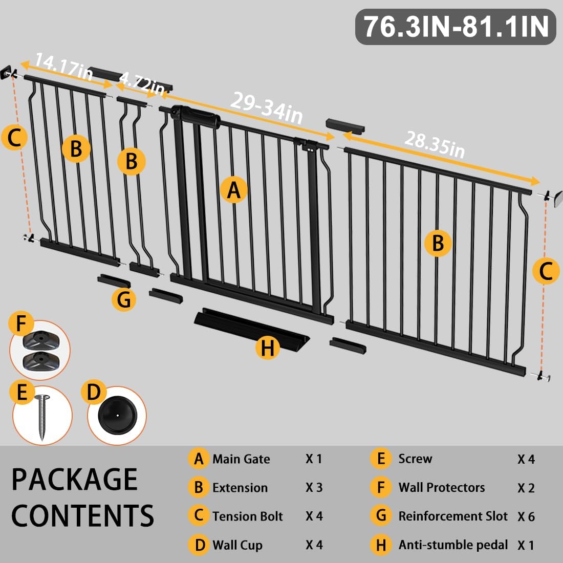 Fairy Baby Extra Wide Baby Gate 76.3-81.1 Inch Wide, Walk Through Pressure Mounted No Drill, Long and Large Tension Gate for Pet and Kids