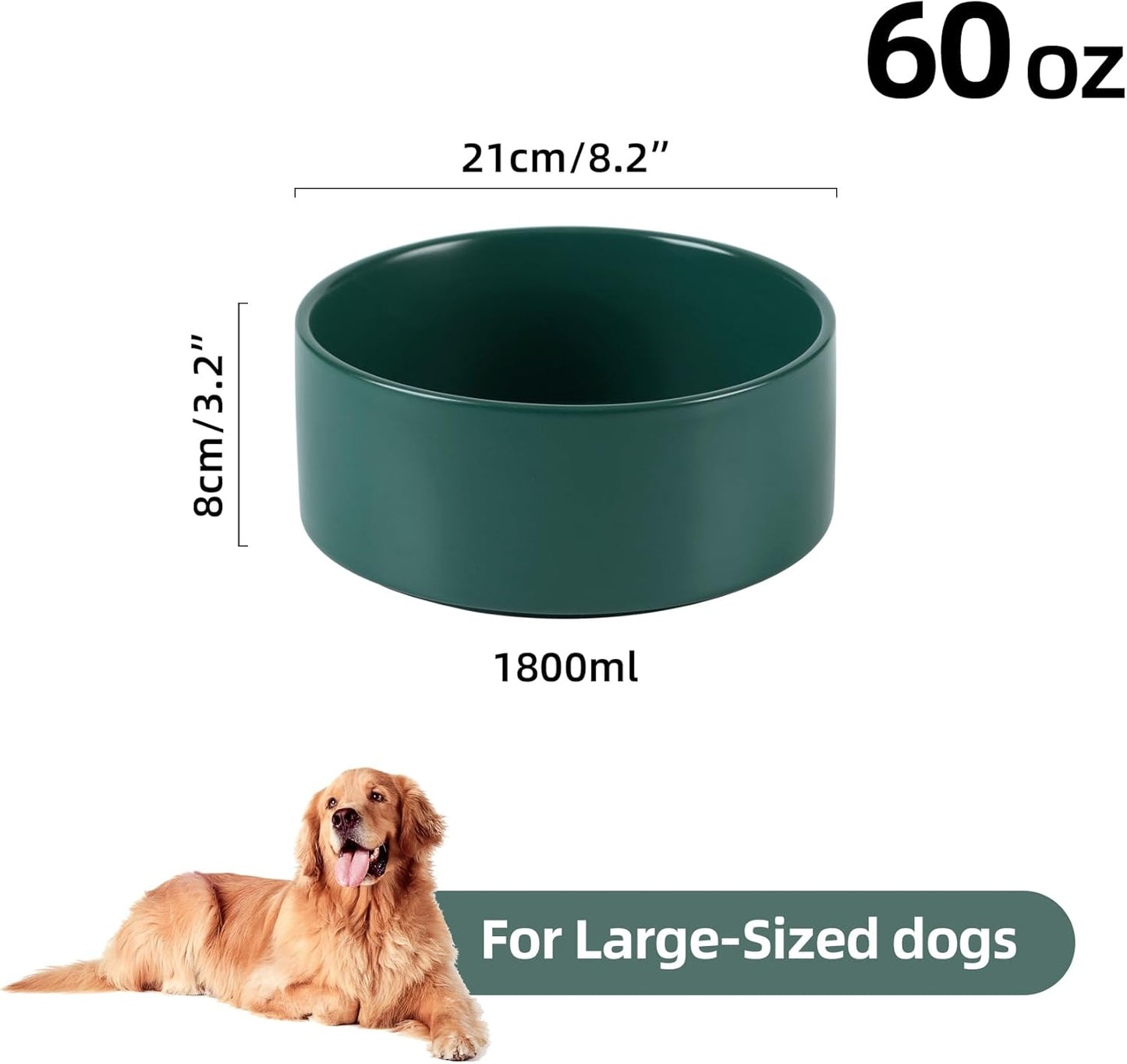 Non-Slip 8.2inch Ceramic Dog Food and Water Bowl for Large Breed Dogs, Pet Bowl for Replacement (Single Bowl, Green)