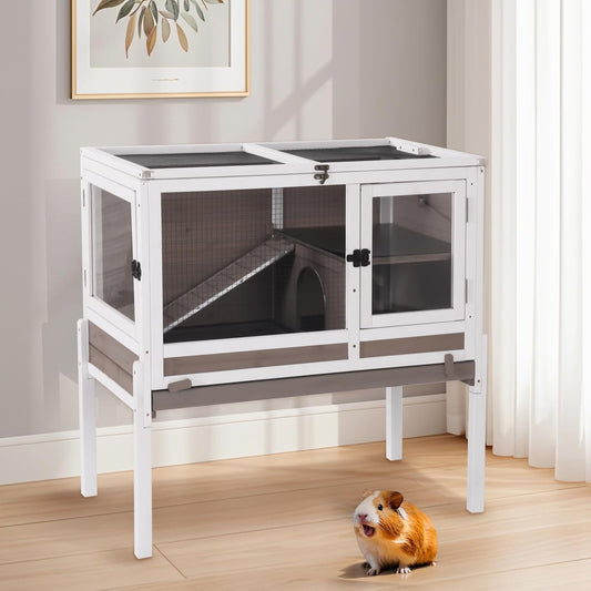Aivituvin 2-Story Rabbit Hutch with Anti-Chew Ramp & Zinc Sheet - 36.6" Indoor Guinea Pig Cage, Wooden Stand, Pull-Out Tray & Leakproof Floor (Brown)