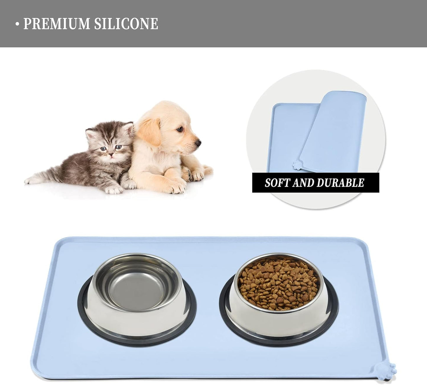 Waterproof Pet Feeding Mat with High Raised Edges, Heavier and Thicker Placemats for Cat Dog Water Bowl with BPA Free, Dogs Cats Food Mats for Messy Drinkers to Prevent Spill and Protect Floors