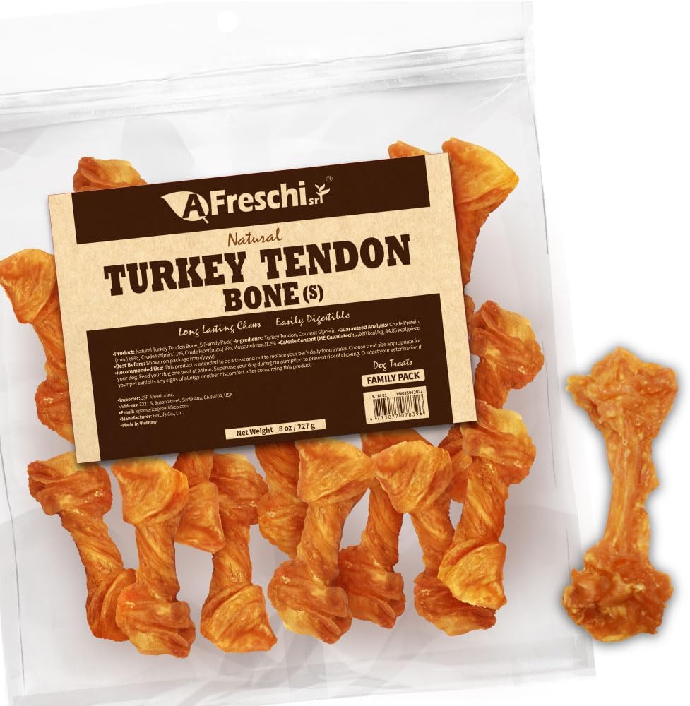 Afreschi Natural Turkey Tendon Bone (S) 8 oz, USA-Sourced Turkey Tendon, All Natural Puppy Chew, Hypoallergenic, Rawhide Alternative, for Small Breeds