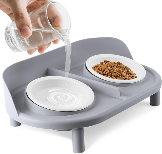 Elevated Cat Bowls, Tilted Rised Cat Food and Water Bowl with 2 Pcs Ceramic Pet Bowls, Rised Stand, Pet Dish Anti Vomiting Feeding Station for All Sized Cats & Small Dogs (Grey)