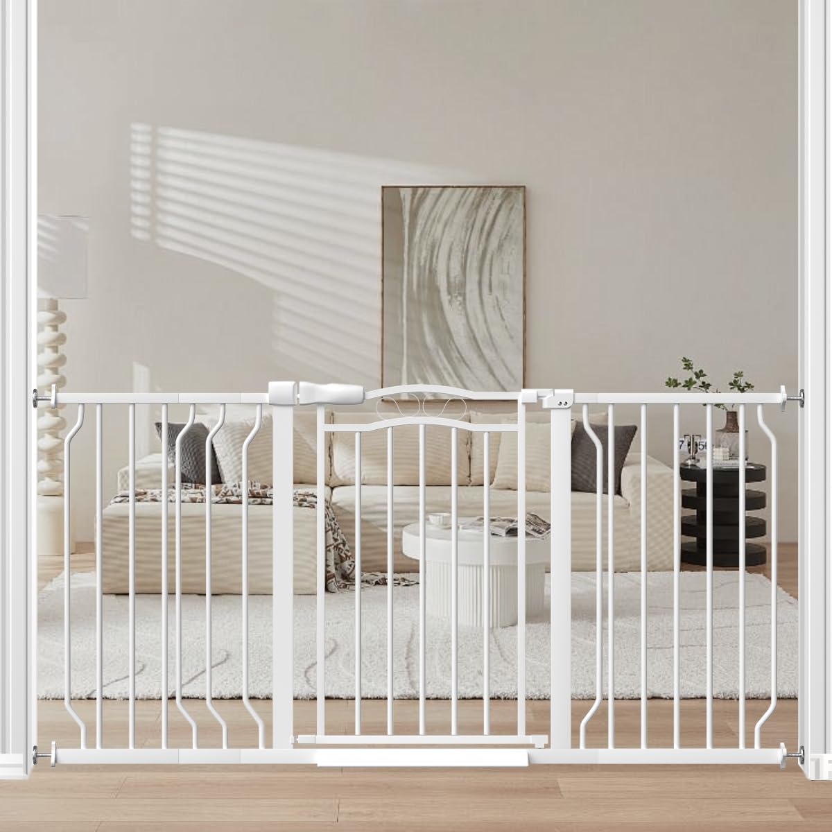 Extra Wide Baby Gate for Doorways 53.1"-62.6", Pressure Mounted Dog Gates With Door, Child Safety Barrier Walk Thru Indoor, Large Babygate Long for Kids Toddler Pet Outside, 30 In Tall White