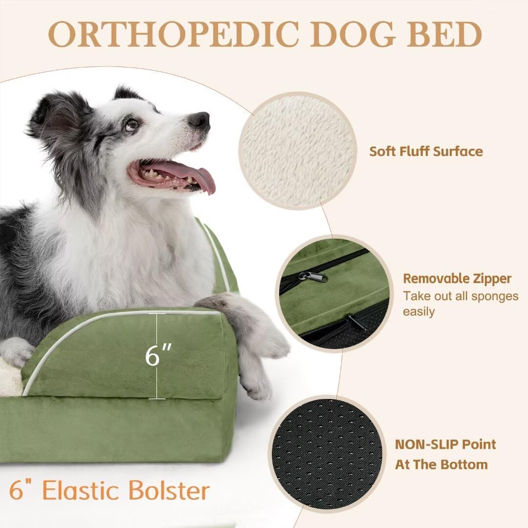 Comfort Expression XXL Orthopedic Dog Bed for Extra Large Dogs, Orthopedic Foam Dog Beds Washable, Waterproof Pet Sofa Couch with Removable Cover & Non-Slip Bottom(XX-Large,Light Green)
