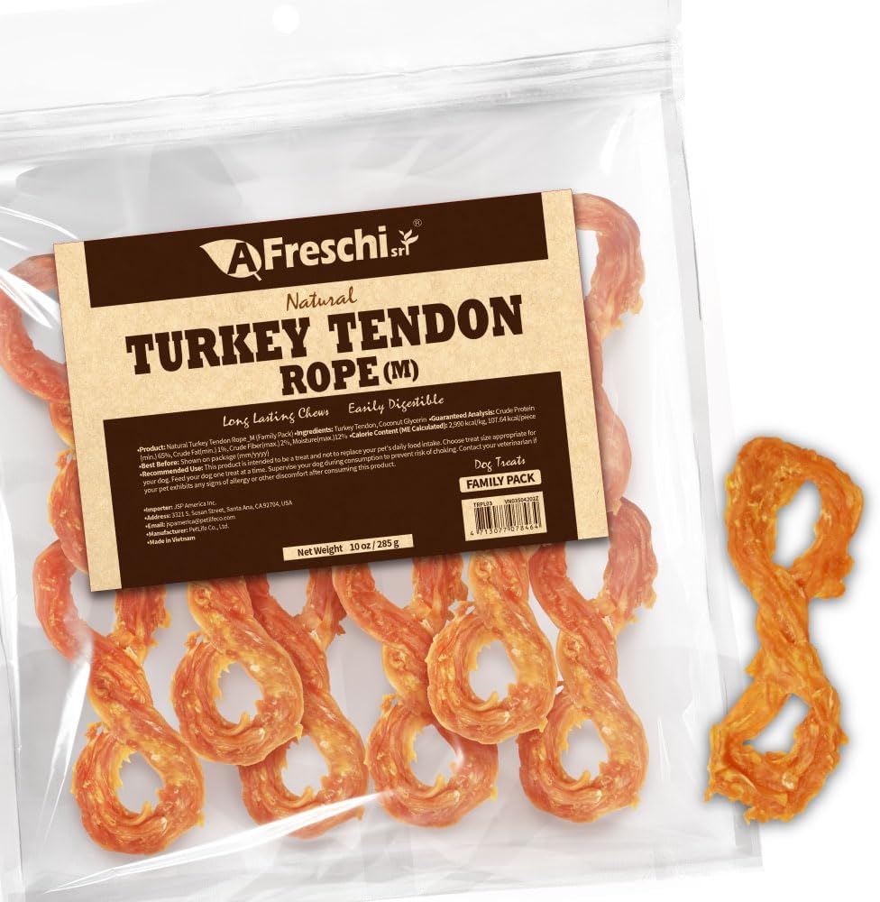 Afreschi Natural Turkey Tendon Rope (M) 10 oz Rope, USA-Sourced Turkey Tendon, All Natural Puppy Chew, Hypoallergenic, Rawhide Alternative, for Medium Breeds
