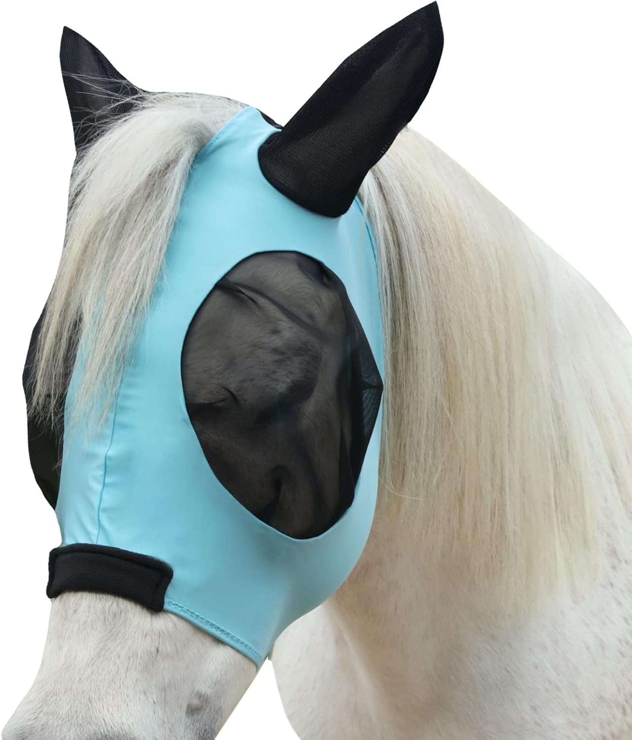 Horse Fly Mask with Ears - Large Eye Space for Full Vision, Breathable Stretch Comfort Fit, UV Protection, Forelock Opening, Easy Pull-On Paleblue Cob