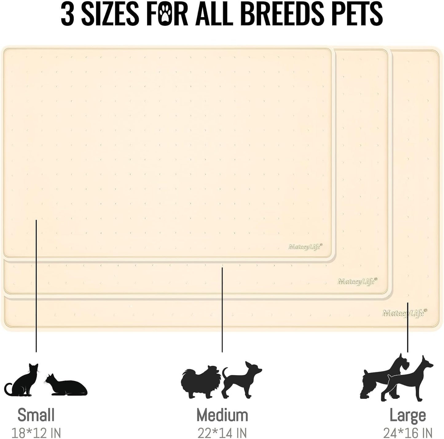 MateeyLife Dog & Cat Food Mat for Floors Waterproof, Nonslip Pets Bowl Mats for Dining and Drinking, Dogs Feeding Mats with Raised Edges, Silicone Cats Matt Tray for Messy Drinkers, 24"x16", Beige