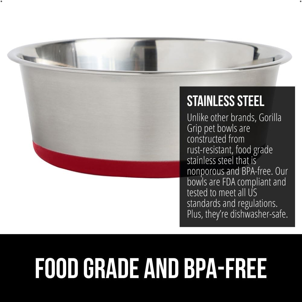 GORILLA GRIP Set of 2 Dog Bowls, Heavy Duty Metal Food and Water Bowl for Feeding Dogs and Cats, Dishwasher Safe, Rust Resistant Stainless Steel, BPA Free Rubber Base, Holds 1 Cup (8 fl oz), Red