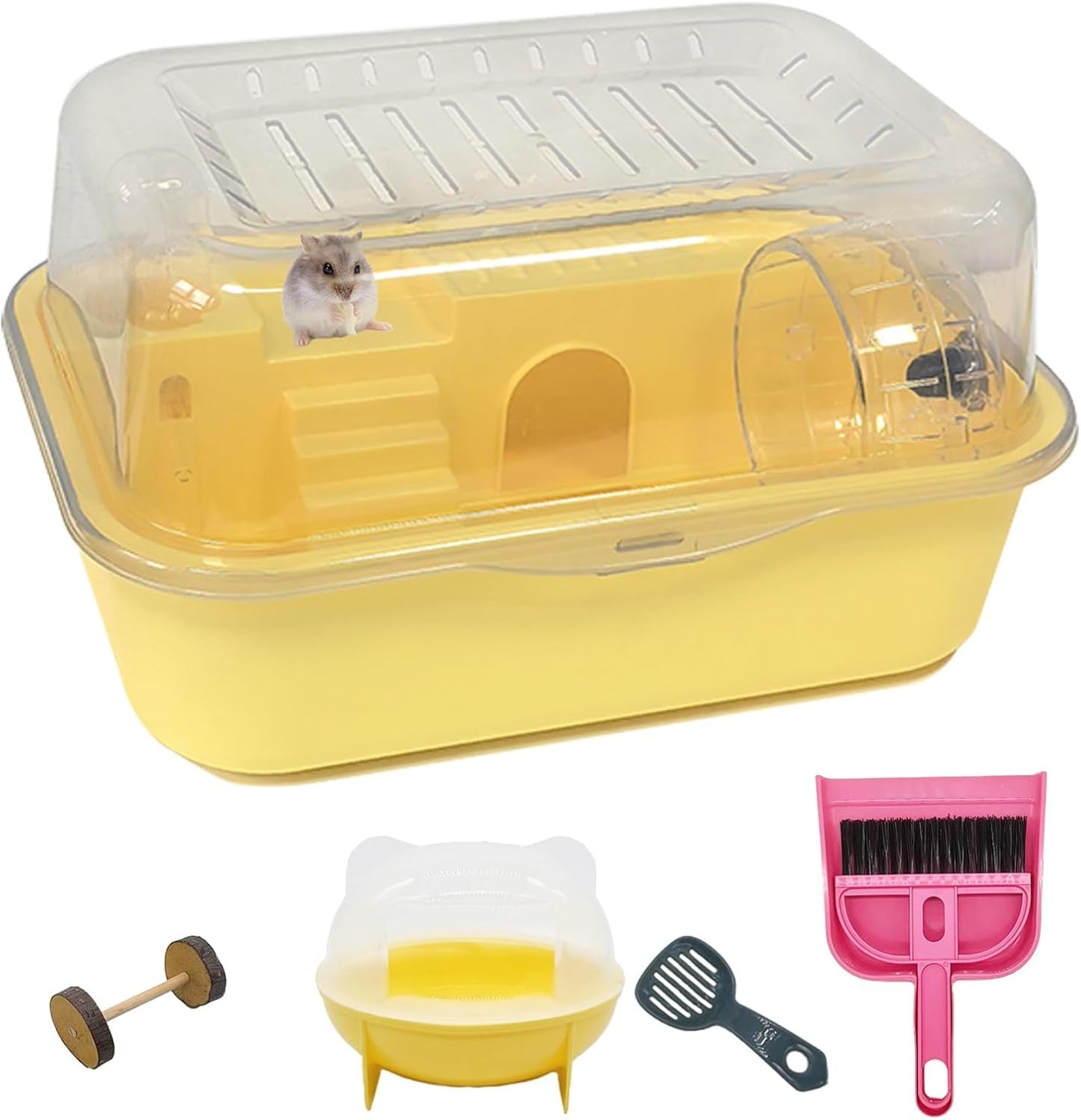 Hamiledyi Small Hamster Cage Clear Plastic Hamster Cage Portable Carrier with Water Bottle Exercise Wheel Bathtub Box Set Toy for Dwarf Baby Hamster (Yellow)