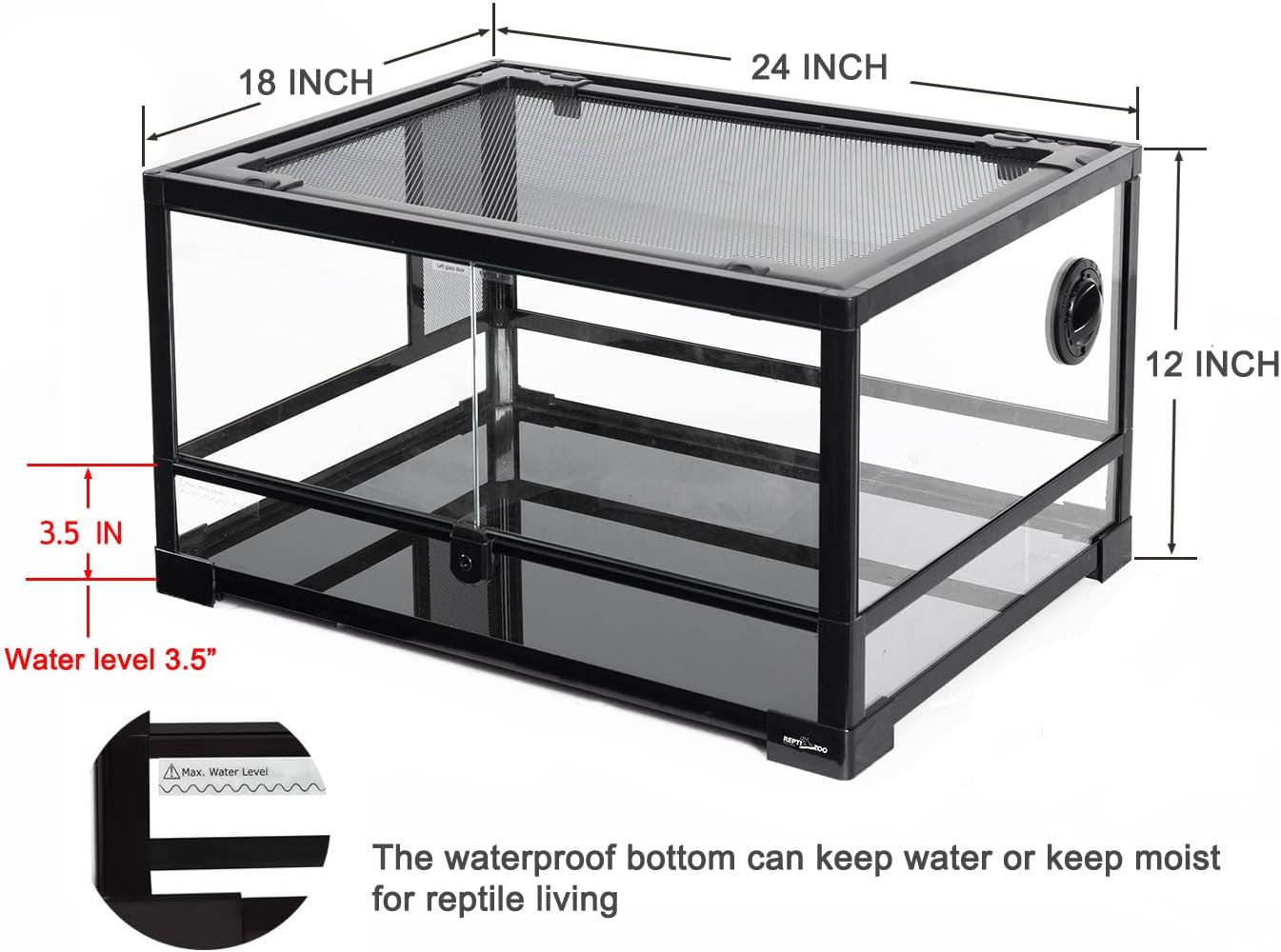 REPTI ZOO Full Glass 20 Gallon Reptile Tank, Front Opening Reptile Terrarium 24" x 18"x 12", Double Hinged Opening Doors & Top Screen Ventilation Escape Proof Lid