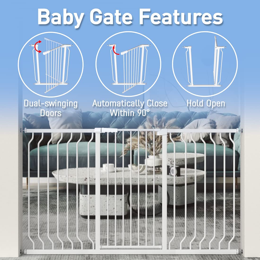 WAOWAO Extra Tall 40.55" Baby Gate 29.92-63.38" Wide Pressure Mounted Walk Through Swing Auto Close Safety White Metal Toddler Child Dog Pet for Indoor Stairs,Doorways,Kitche