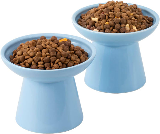 Extra Wide Elevated Ceramic Cat Bowl, 6.2" Shallow Dish for Whisker Fatigue Relief, 5" Height for Easy Feeding, Durable Raised Cat Food Bowls, Pack of 2, Blue