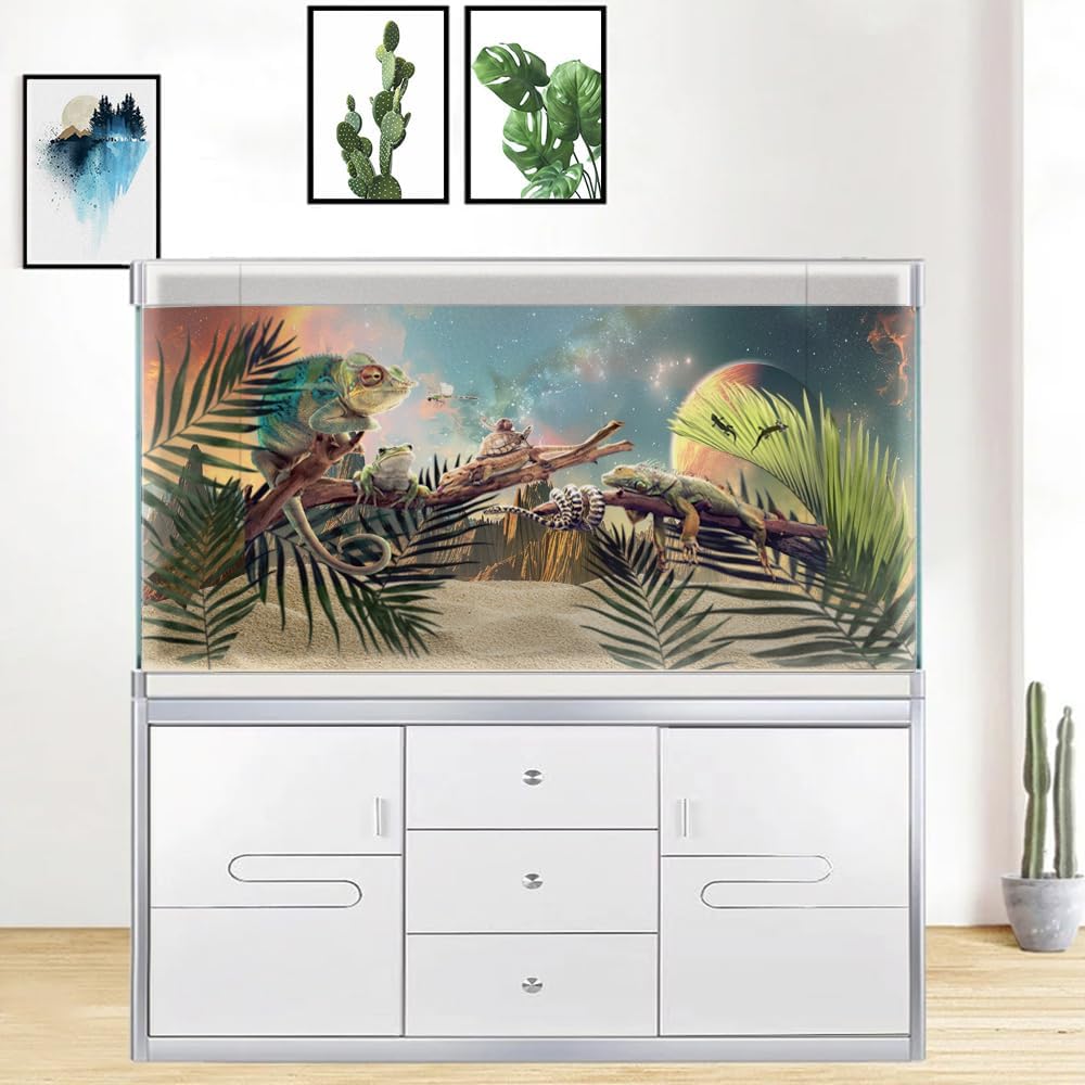 Cosmic Aquarium Background,Cool Galaxy Parallel Space Themed Fish Tank Background, Tropical Desert Terrarium Background 36X20IN with 8 EVA Double-Sided Tape