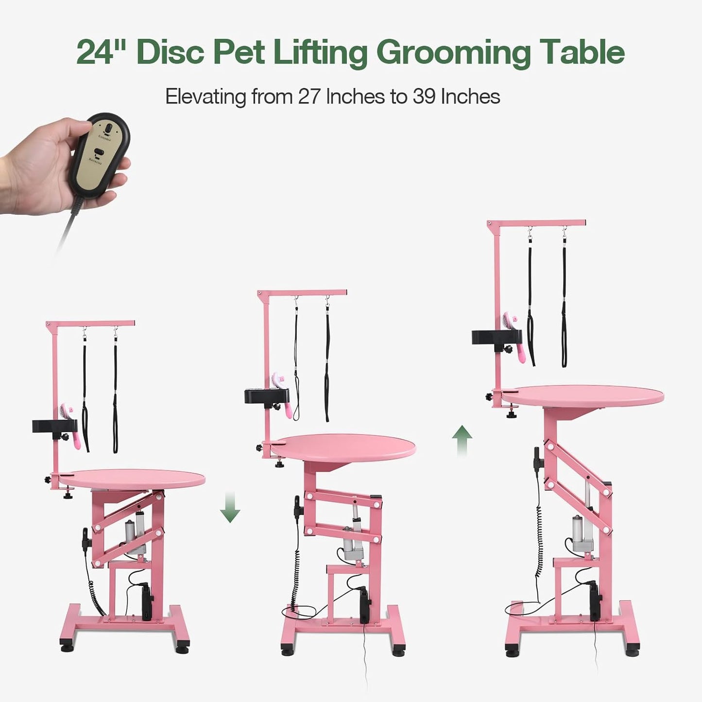 Electric Hydraulic Lift Pet Dog Grooming Table, 24Inch Grooming Desktop for Small Dogs, with Overhead Arm, Wireless Remote, Tool Organizer, Pink