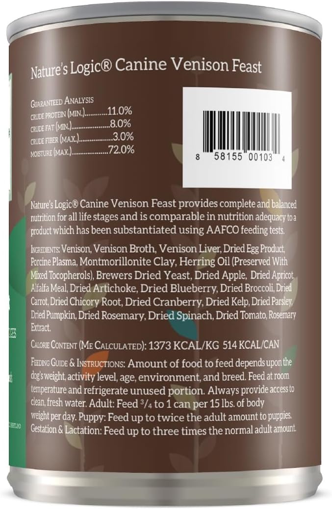 Nature's Logic Grain-Free Canned Dog Food - 95% Animal Proteins - 100% Natural Wet Dog Food Cans - No Common Allergens - All Life Stages - Ideal for Sensitive Dogs - Venison (13.2 oz, 12 pack)