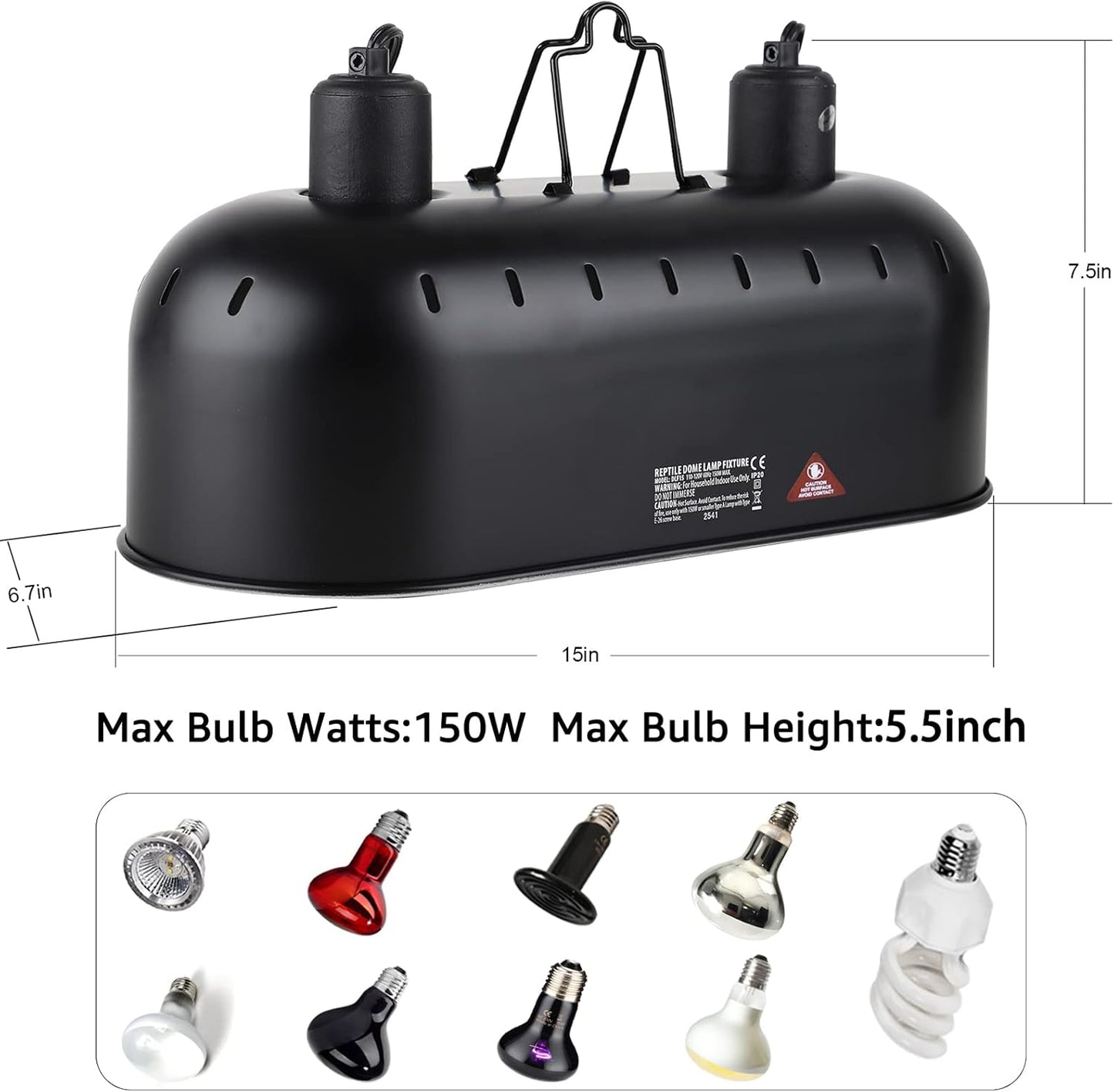 15inch Dual Reptile Light Fixture, Max 150W Dual Reptile Heat Lamp Fixture with 100W Basking Spot Lamp Bulb and 26W UVB Heat Bulb for Bearded Dragon Terrarium and Tortoise Habitat