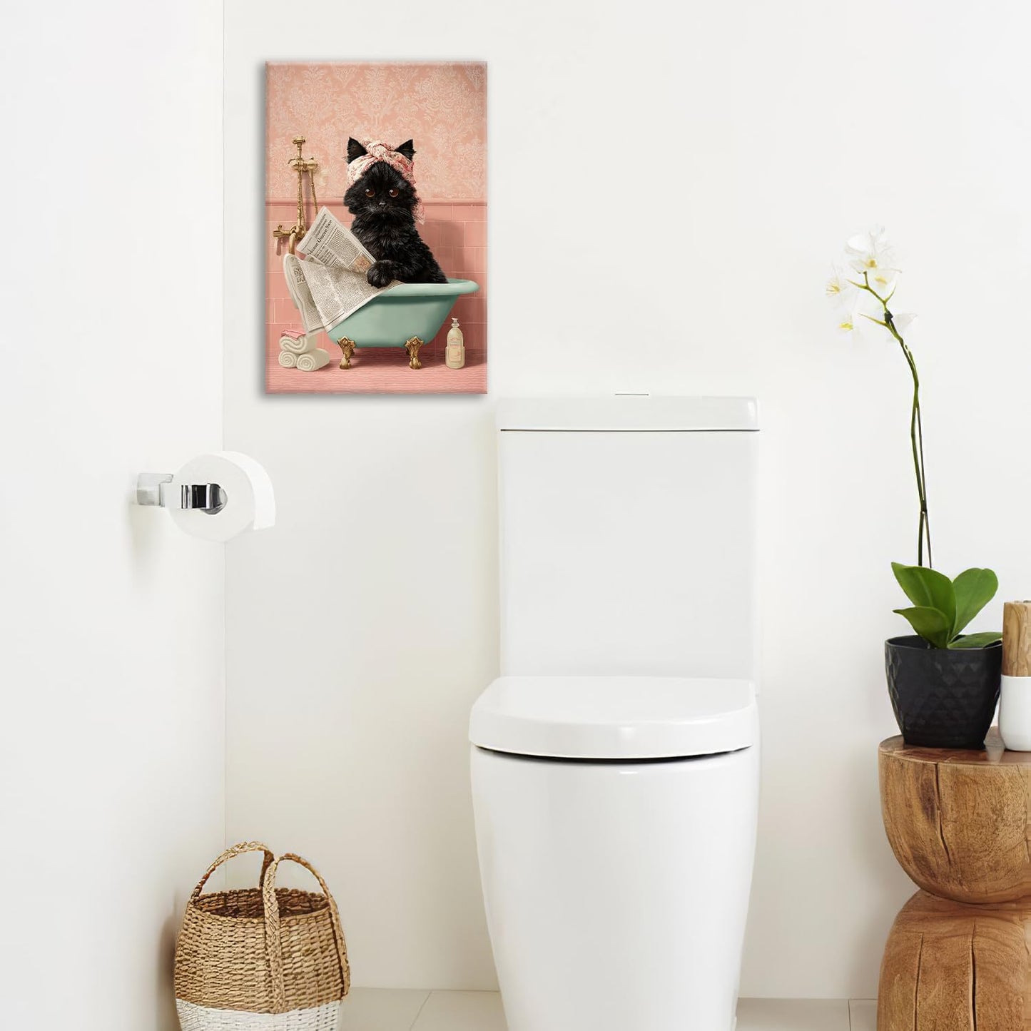 Cat Bathroom Wall Decor Black Cat Reading Newspaper in Bathtub Canvas Wall Art Funny Bathroom Pictures Kitten Painting Print Pink Artwork Framed Decorations Gifts 16"x24"