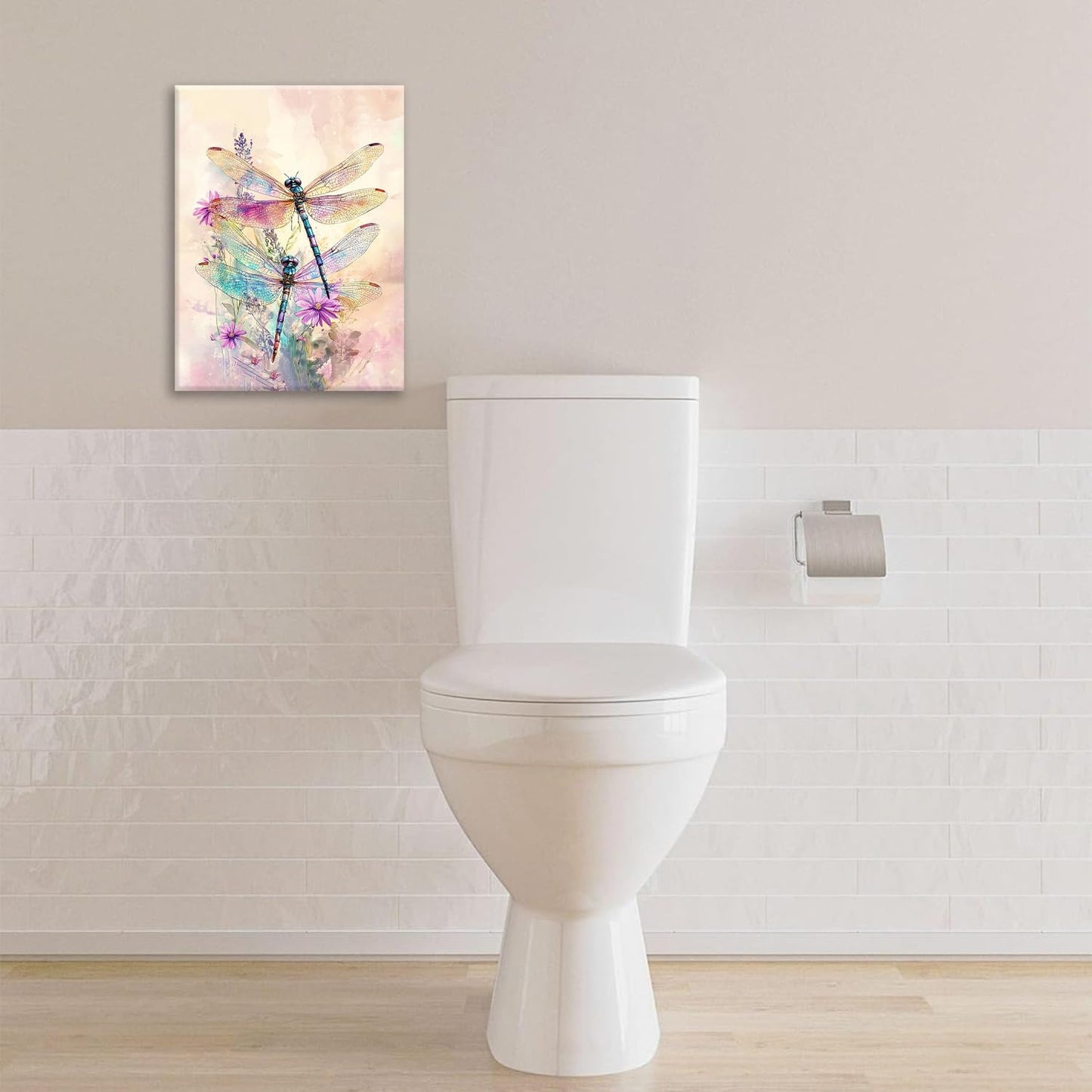 Dragonfly Bathroom Pictures Wall Art, Floral Bathroom Wall Decor, Framed Painting Canvas Artwork for Bedroom Living Room Decorations 20"L x 16"W