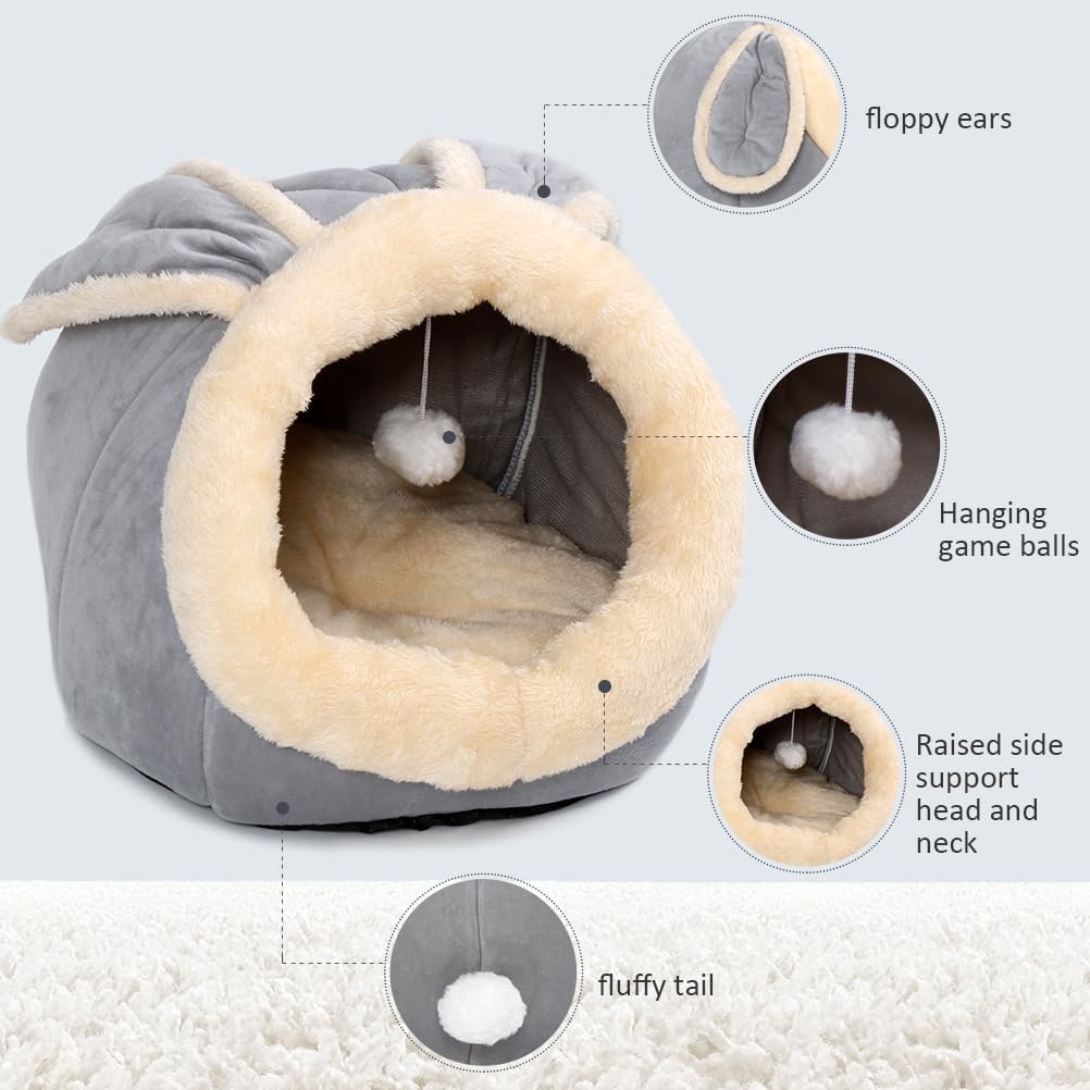 Cat Beds for Indoor Cats - Rabbit-Shaped Cat Cave Bed with Hanging Toy,Super Soft Calming Pet Bed for Kitten&Puppy,Small Dog,Warm Plush&Machine Washable&Removable Cotton Pad,Cat Hideaway(Grey L)