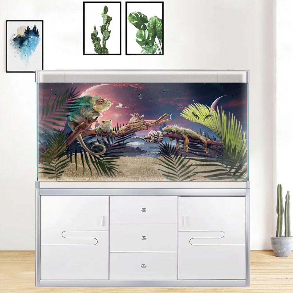 72X24IN Cosmic Spaceterrarium Background, Cool Parallel Space Themed Aquarium Reptile Habitat Background, Red Moon Aquarium Background with 10EVA Double-Sided Tape