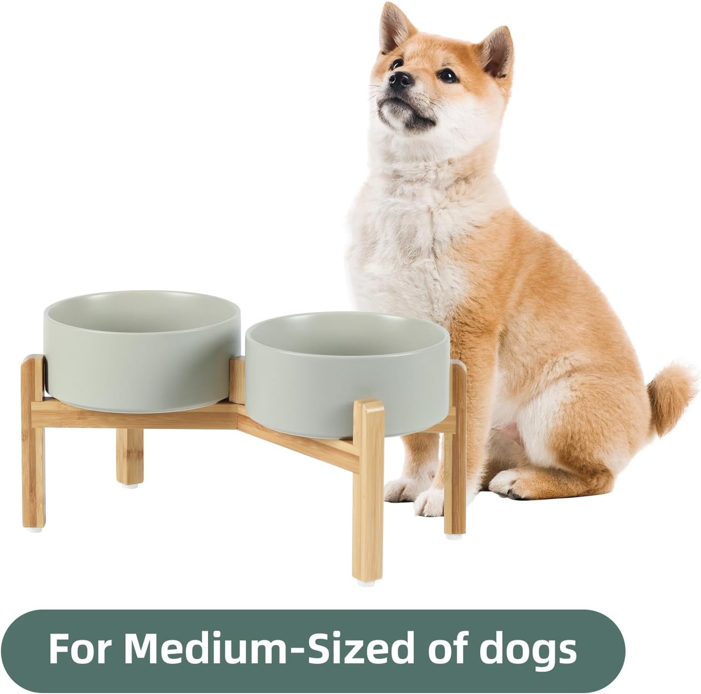 Ceramic Raised Double Bowls Set with Stand, Food & Water Bowls for Medium Breed Dogs, Weighted Dog Dishes, Pet Bowl(7.3'',41OZ, Grey)