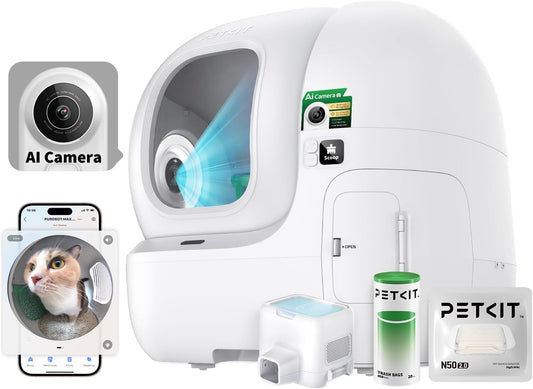 PETKIT 2025 Purobot Max Pro AI-Camera Self Cleaning Cat Litter Box, 210° Wide Angle Lens Night Vision Cat Facial Recognition Automatic Litter Box with 5G WiFi App Control Odor-Free