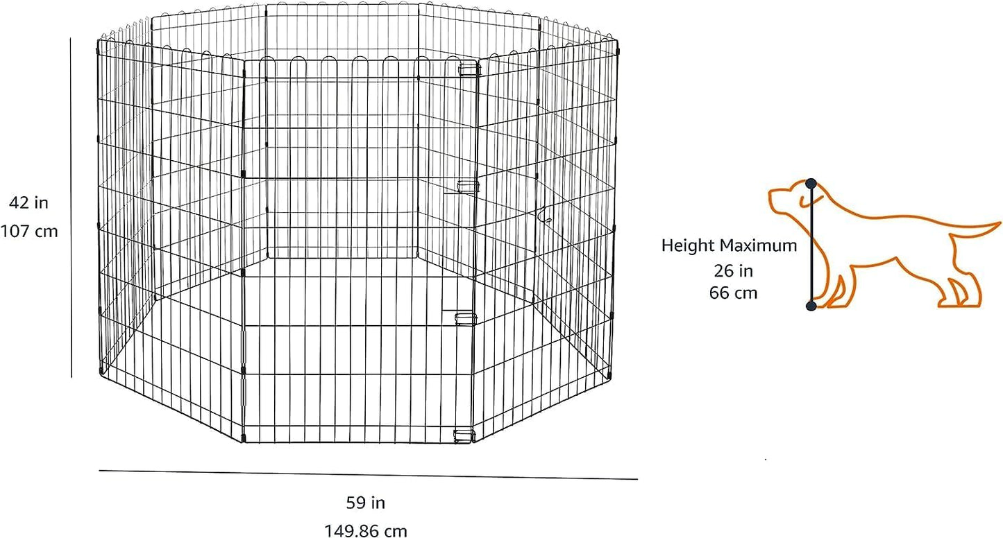 Amazon Basics Foldable Octagonal Metal Exercise Dog Playpen - Indoor/Outdoor, No Door, Large (8 Panels, 24 x 42), Easy to assemble, store, and customize, 42" - Large, Black