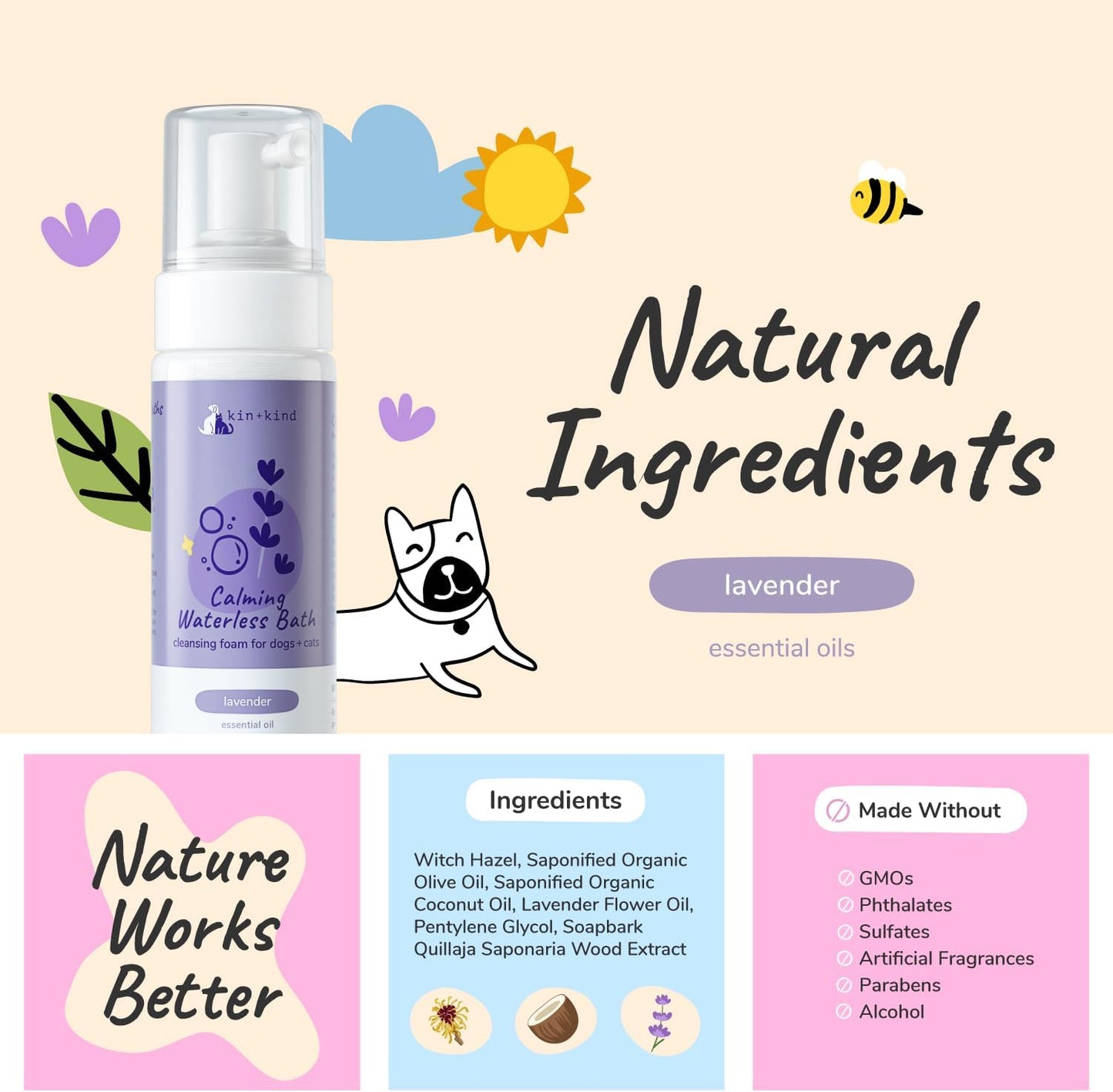 kin+kind Waterless Dry Shampoo for Dogs - Rinse-Free, Eliminate Itch and Odor, Natural Formula with Witch Hazel, Coconut Oil, Olive Oil and Lavender - Made in USA