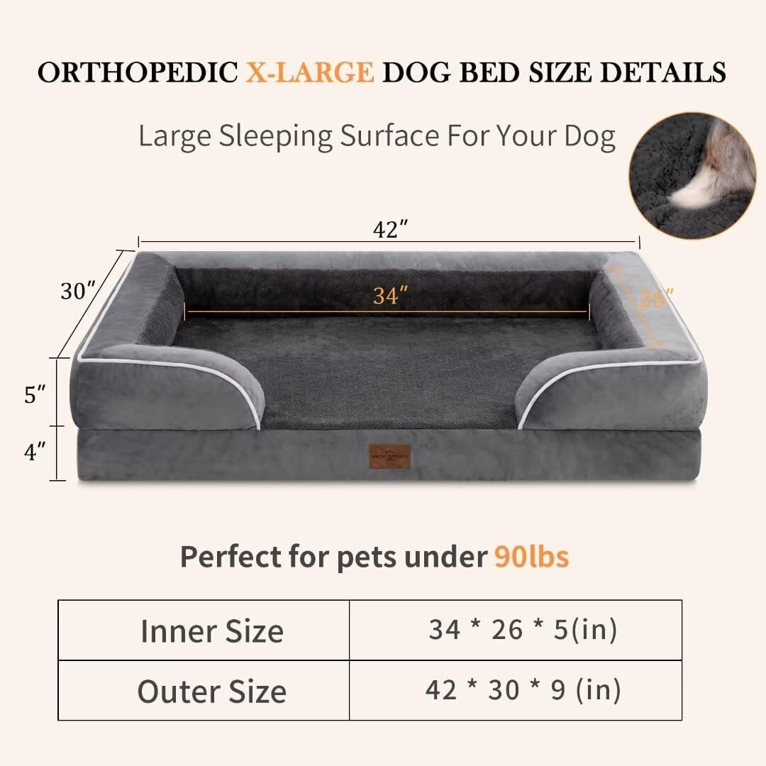 Comfort Expression Cooling Dog Bed, Memory Foam Orthopedic Dogs Beds for Extra Large Dogs, XL Dog Bed with Removable Cover, Waterproof Pet Beds Large with Bolster(X-Large,Leaden Grey)