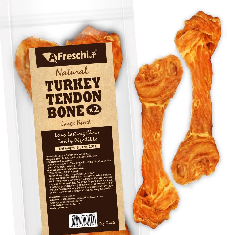 Afreschi Natural Turkey Tendon Bone (L) 3.53 oz, USA-Sourced Turkey Tendon, All Natural Human Grade Dog Chew, Hypoallergenic, Rawhide Alternative, Dog Treats for Large Breeds