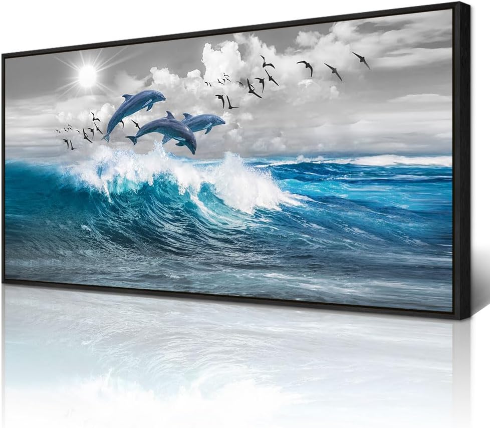 Wapluam Canvas Print Wall Art For Living Room Large Wall Decor For Bedroom Blue Waves Of The Sea Wall Pictures Artwork Modern Office Dolphins Wall Paintings Black Framed Home Decorations Poster