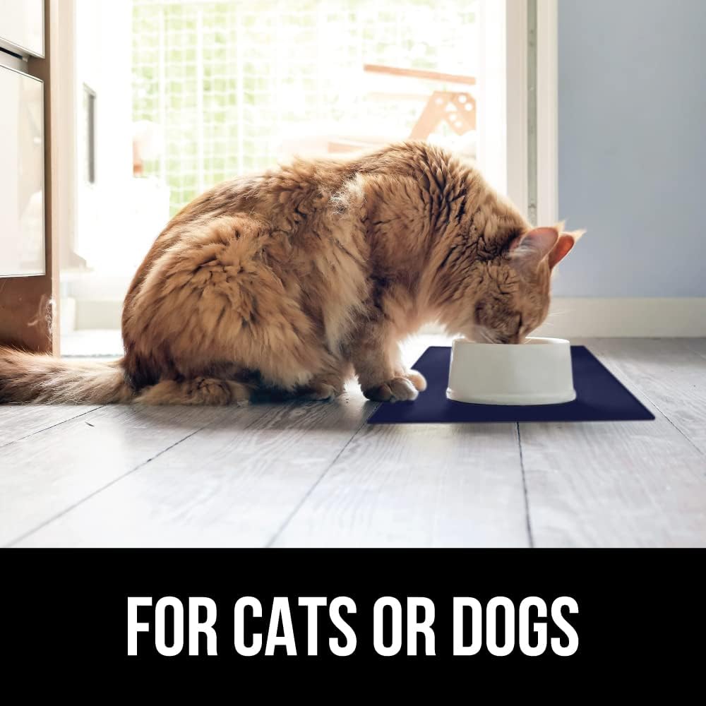 GORILLA GRIP 100% Waterproof Raised Edge BPA Free Silicone Pet Feeding Mat, Dog Cat Food Mats Contain Spills Protects Floors, Placemats for Cats and Dogs Water Bowl, Pets Accessories 18.5x11.5 Navy
