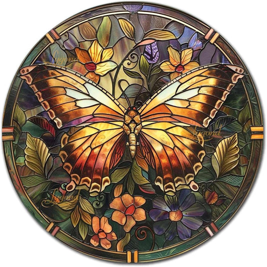 Lygond Metal Sign Tin Sign Circular Stained Glass Butterfly Funny Bathroom Decor for Garage 8×8 Inches