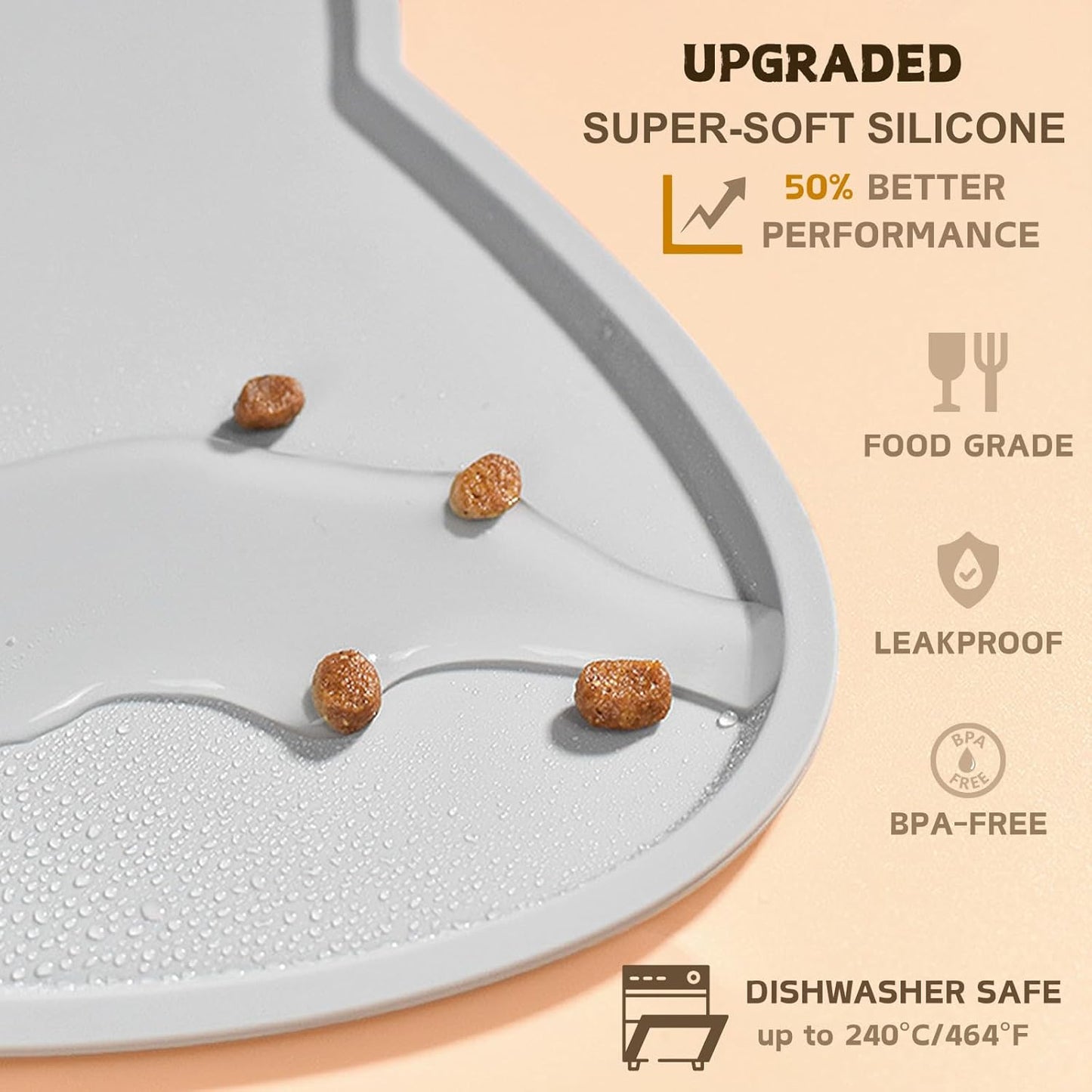 Cat Food Mat, Silicone Pet Feeding Mat for Floor Non-Slip Waterproof Dog Water Bowl Tray Cushion (17" x 10", Light Gray)