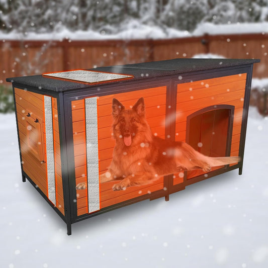 Extra Large Dog House Outdoor 59.1" L Outside Insulated Dog Kennel Weatherproof Winter, 6 Sides All-Round Foam for Small Medium Large Extra Large Dogs, Strong Metal Chew Proof Frame Window