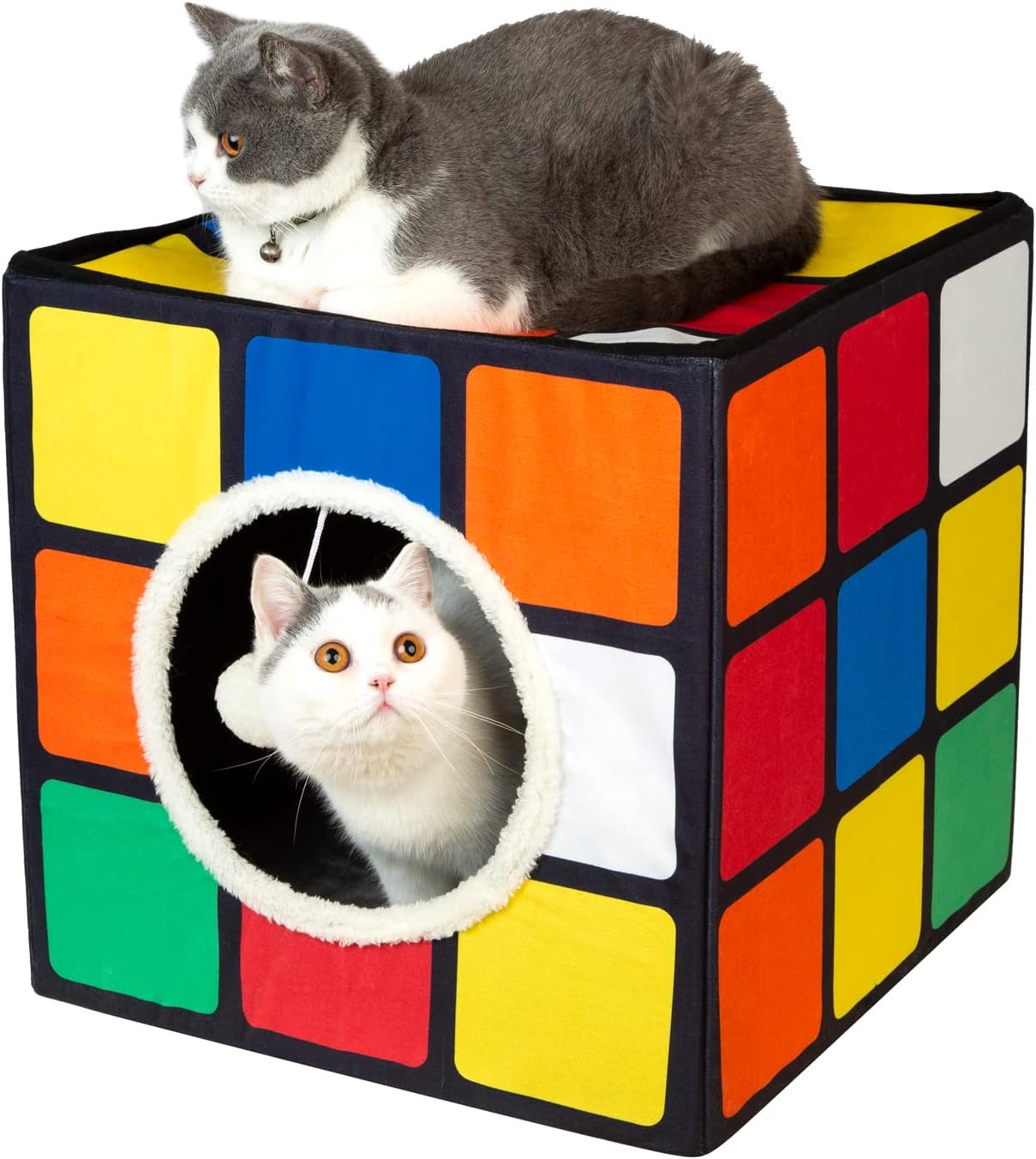 LUCKITTY Cat Condo House with Reversible Cushions and Fluffy Ball Hanging, Foldable Magic Cube, Large Cave Bed for Indoor Cats, Unique Puzzle Shape 15.7“ x 15.7" x 13.4”