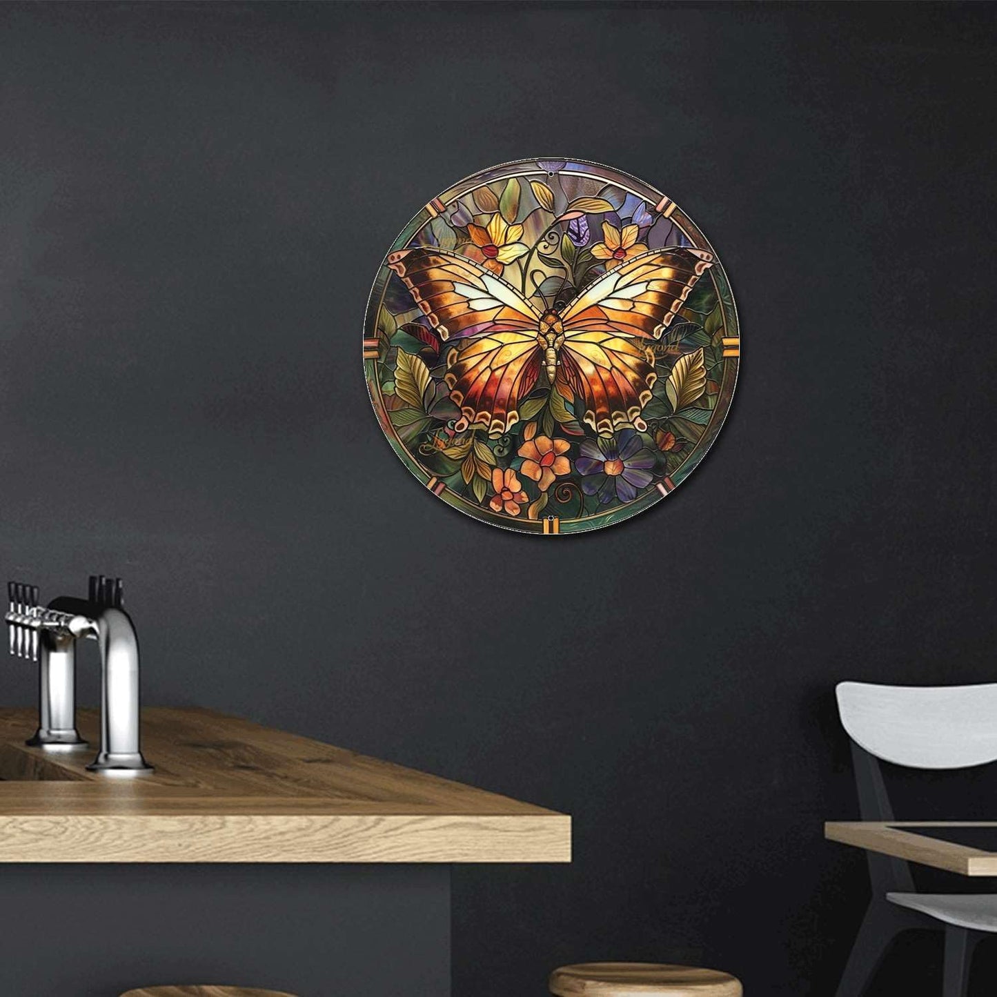 Lygond Metal Sign Tin Sign Circular Stained Glass Butterfly Wall Art for Club 12×12 Inches