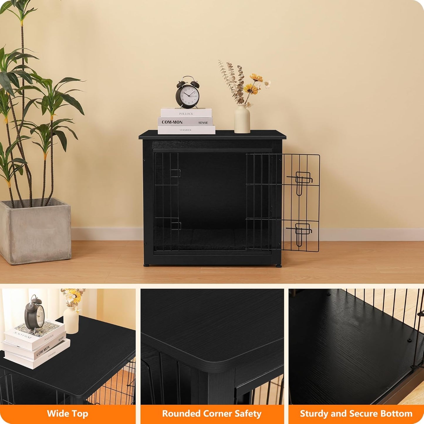 DWANTON Dog Crate Furniture with Cushion, Wooden Kennel Table with Double Doors, Indoor Dog House, Small/Medium/Large Size, 27.2" L, Black