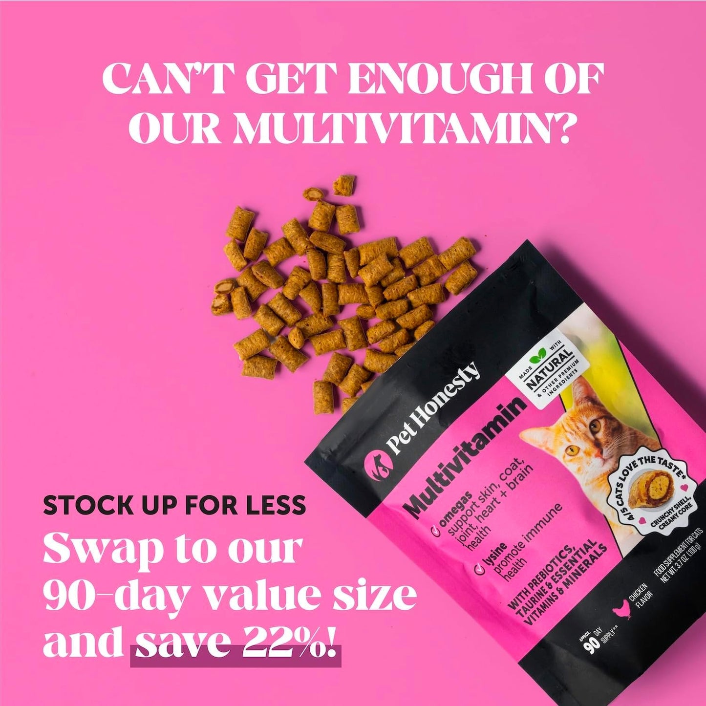 Cat Multivitamin Crunchy & Creamy Chews - Cat Treats for Health + Immune, Joint Support, Skin & Coat, & Digestion - Vitamins with Omega 3s, Lysine & Probiotics (30 Day Supply)