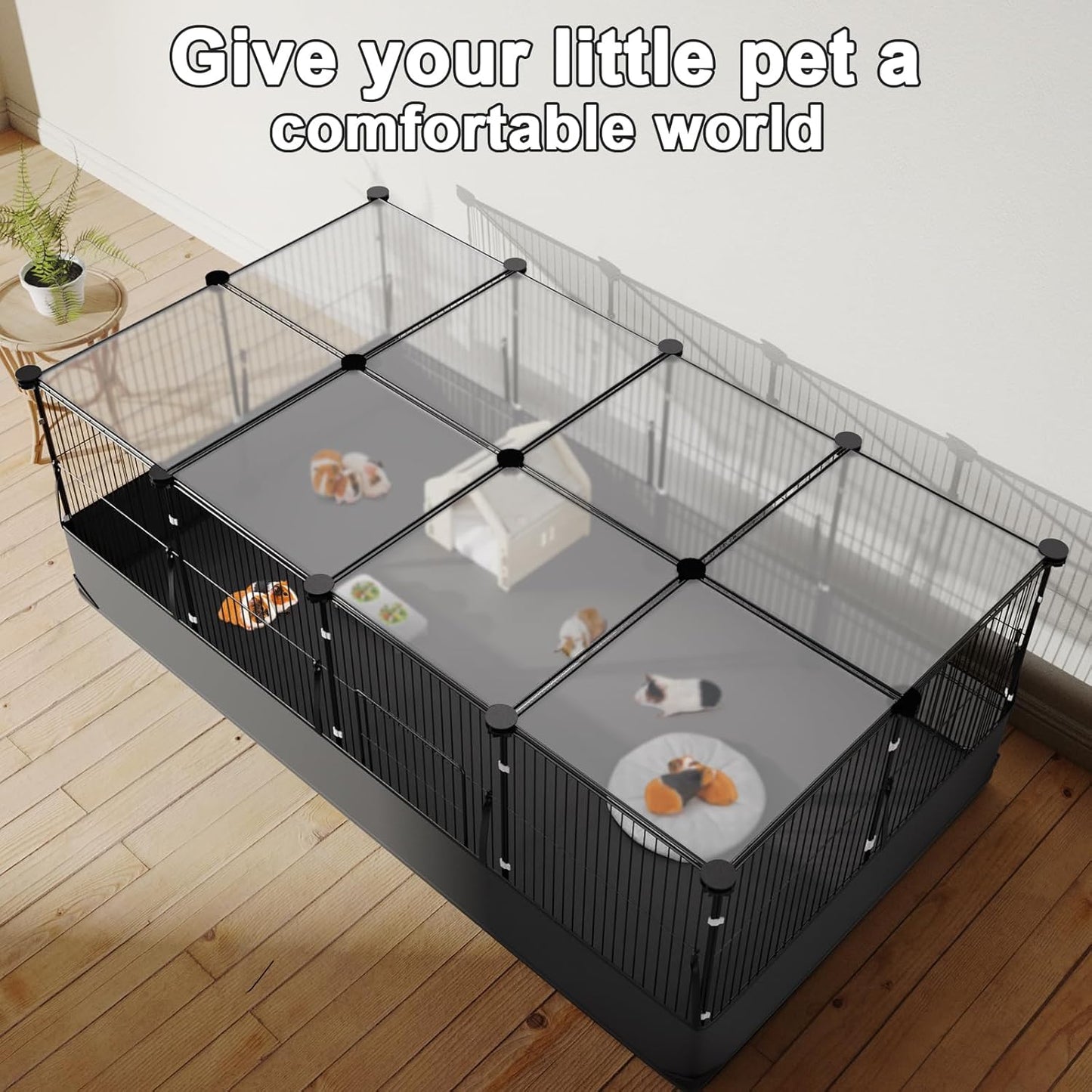 Tresbro Guinea Pig Cage with Top Cover & 12 Panels, Triple Fixing Measures Small Animal Playpen with Waterproof PVC Liner & One-Motion Hooks, 48 x 24 x 16 C&C Grids Cage for Bunny, Hedgehog, Hamster