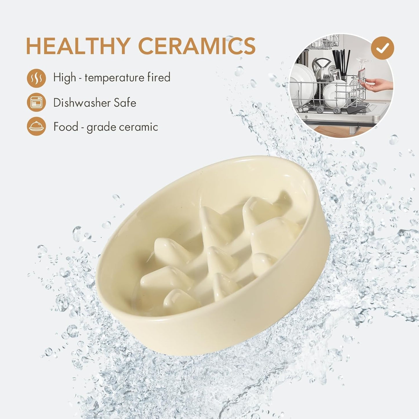 Ceramic 7.3 inch Dog Bowl Slow Feeder, Slow Pet Food Dish for Medium and Small Dog, Stop Bloat, Preventing Choking(Single Bowl, Beige)