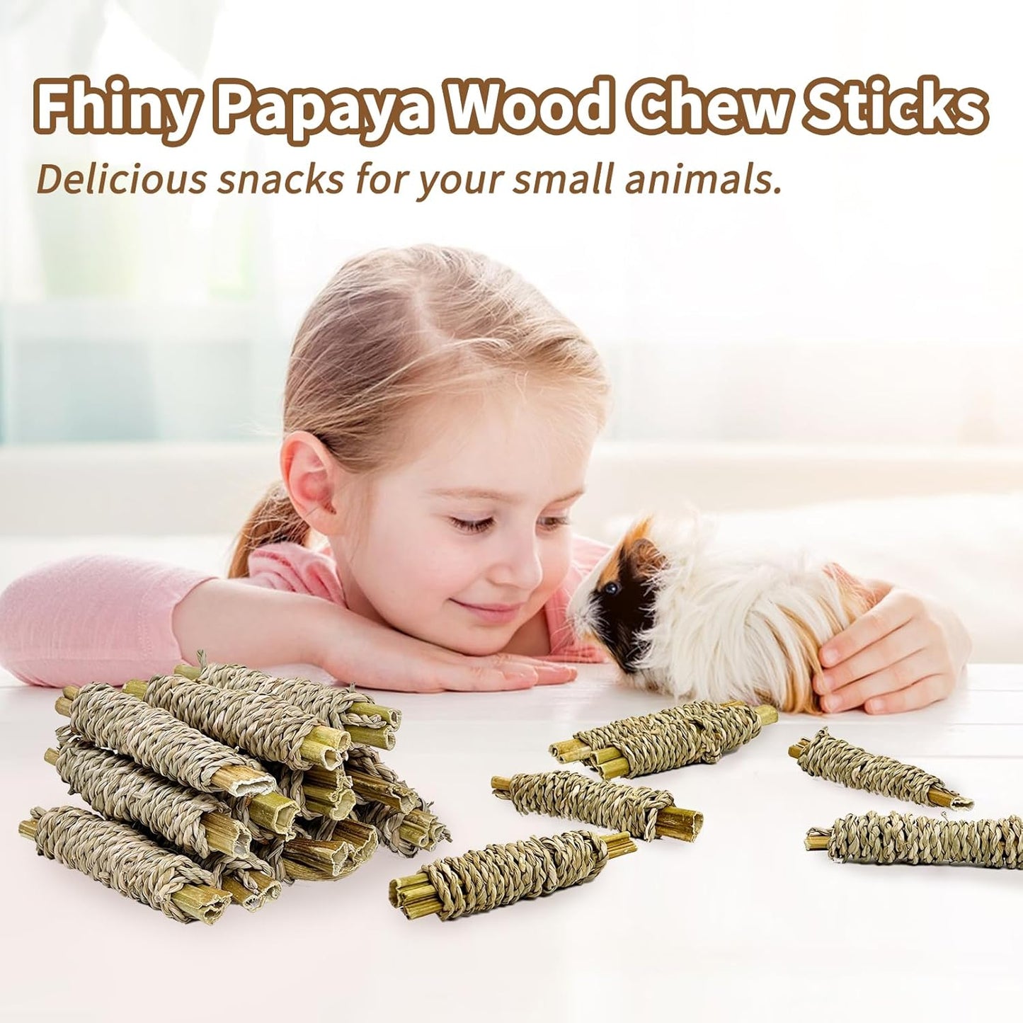 Fhiny 12 PCS Rabbit Chew Sticks, Natural Papaya Wood Seagrass Guinea Pig Chew Toys for Teeth Small Animal Molar Sticks Snacks for Bunny Guinea Pig Chinchilla Ferret Hamster Gerbil Dental Care