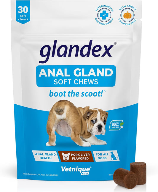 Vetnique Labs Glandex Anal Gland Soft Chew Treats with Pumpkin for Dogs Digestive Enzymes, Probiotics Fiber Supplement for Dogs Boot The Scoot (Bacon/Pork Chews, 30 Count)