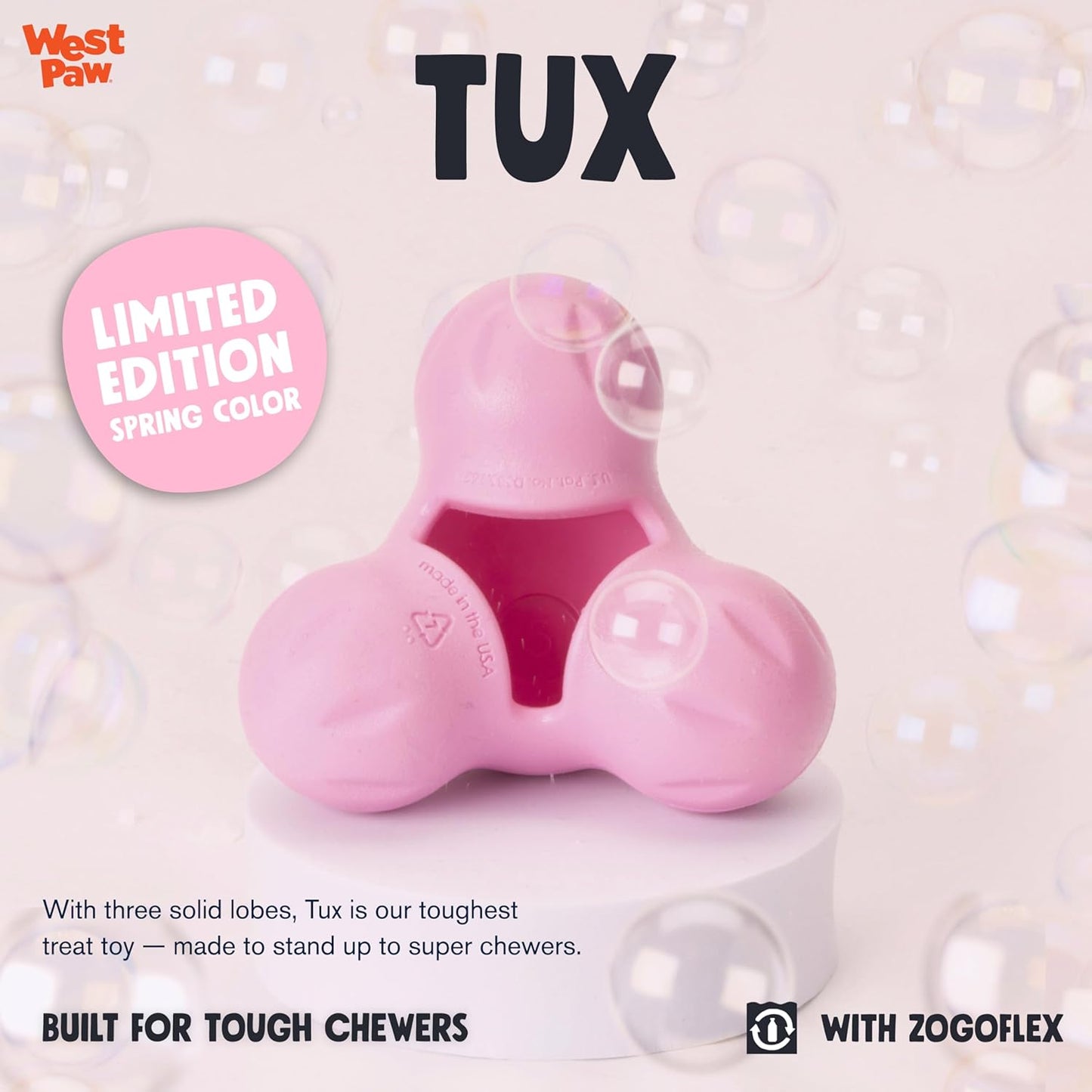 WEST PAW Zogoflex Tux Treat Dispensing Dog Chew Toy – Interactive Chewing Toy for Dogs – Dog Games for Aggressive Chewers, Fetch, Catch – Holds Kibble, Treats, Small 4", Bubblegum