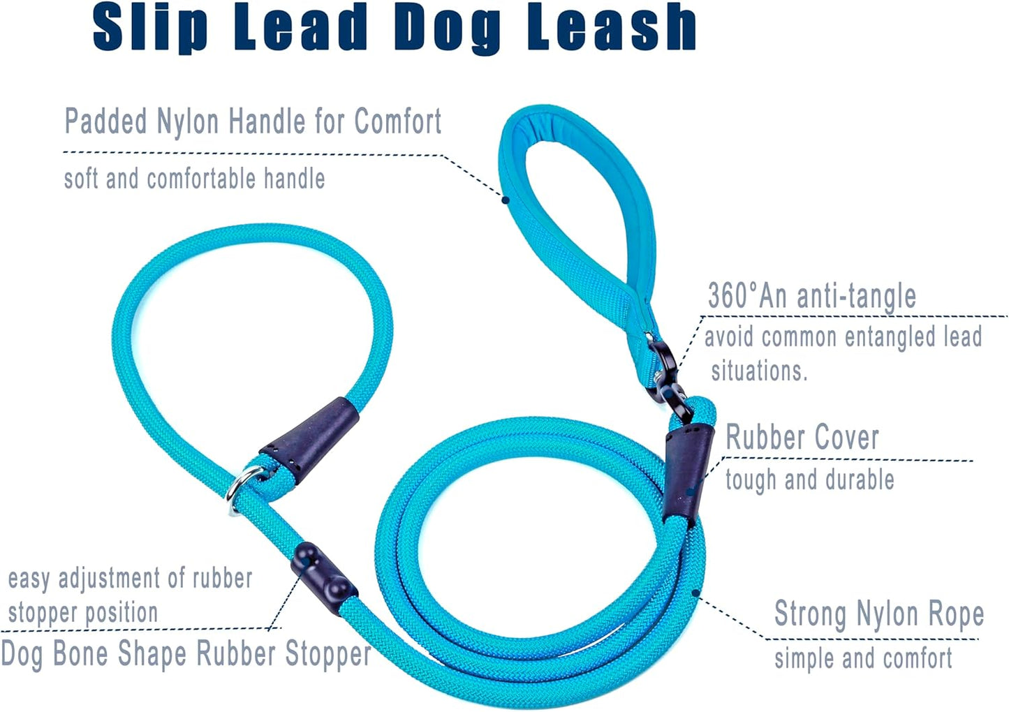 Slip Lead Dog Leash，Strong Nylon Rope Leash and Padded Handle,No Pull Outdoor Walking Training Lead for Small Medium Large Dogs(Blue, 1/2"×6ft)
