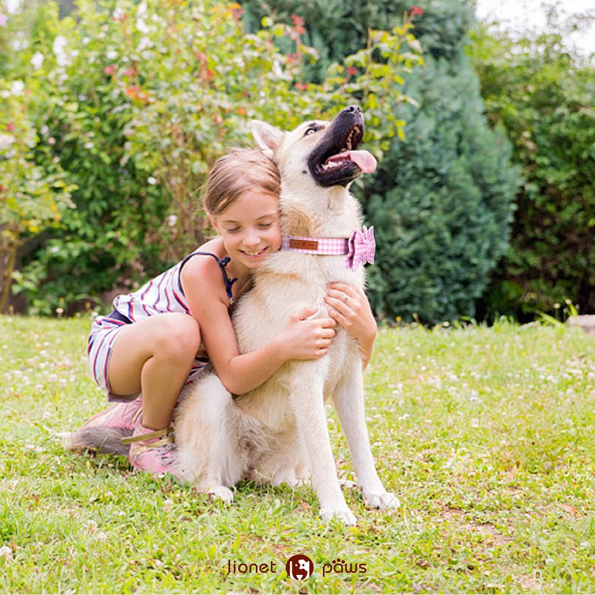 Lionet Paws Dog Collar with Bowtie, Comfortable Adjustable Cute Pink Gingham Bow Tie Collar for Female Dogs Gift, XLarge, Neck 16-26 inches