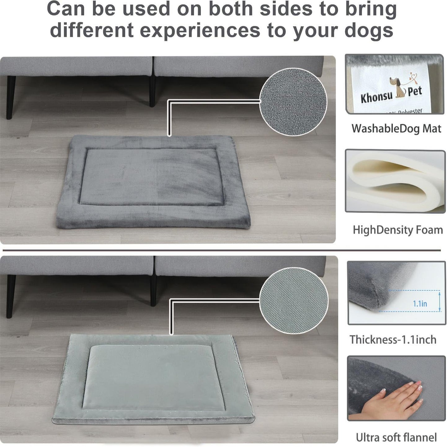 KHONSU PET Dog Bed Mat for Crate 1.1in Slim Cooling Pad Reversible Flannel & Waterproof Canva for Dogs up to 90 lbs