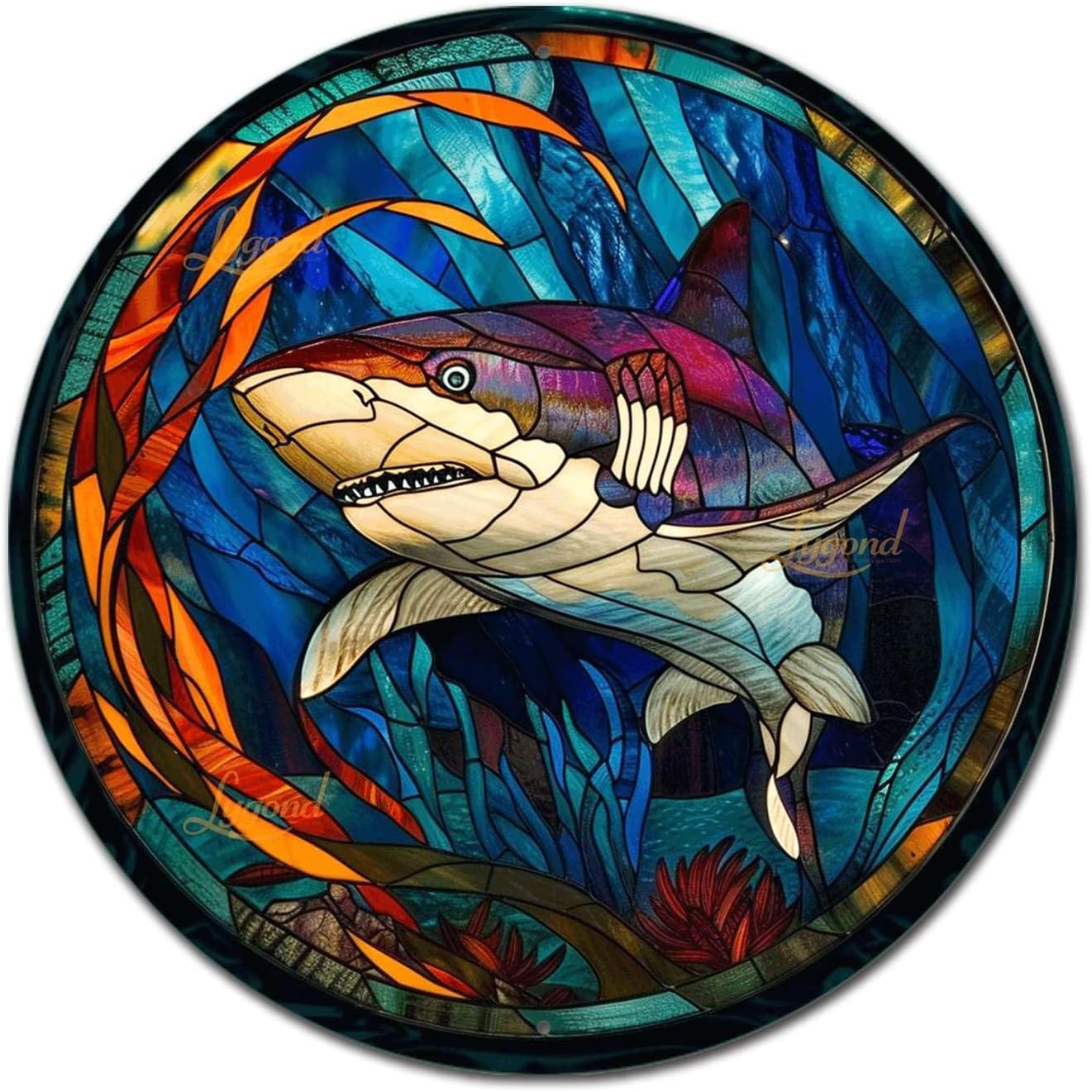 Lygond Metal Sign Tin Sign Circular Stained Glass Shark2 Home Deccor Store Home Decor for Patio 12×12 Inches